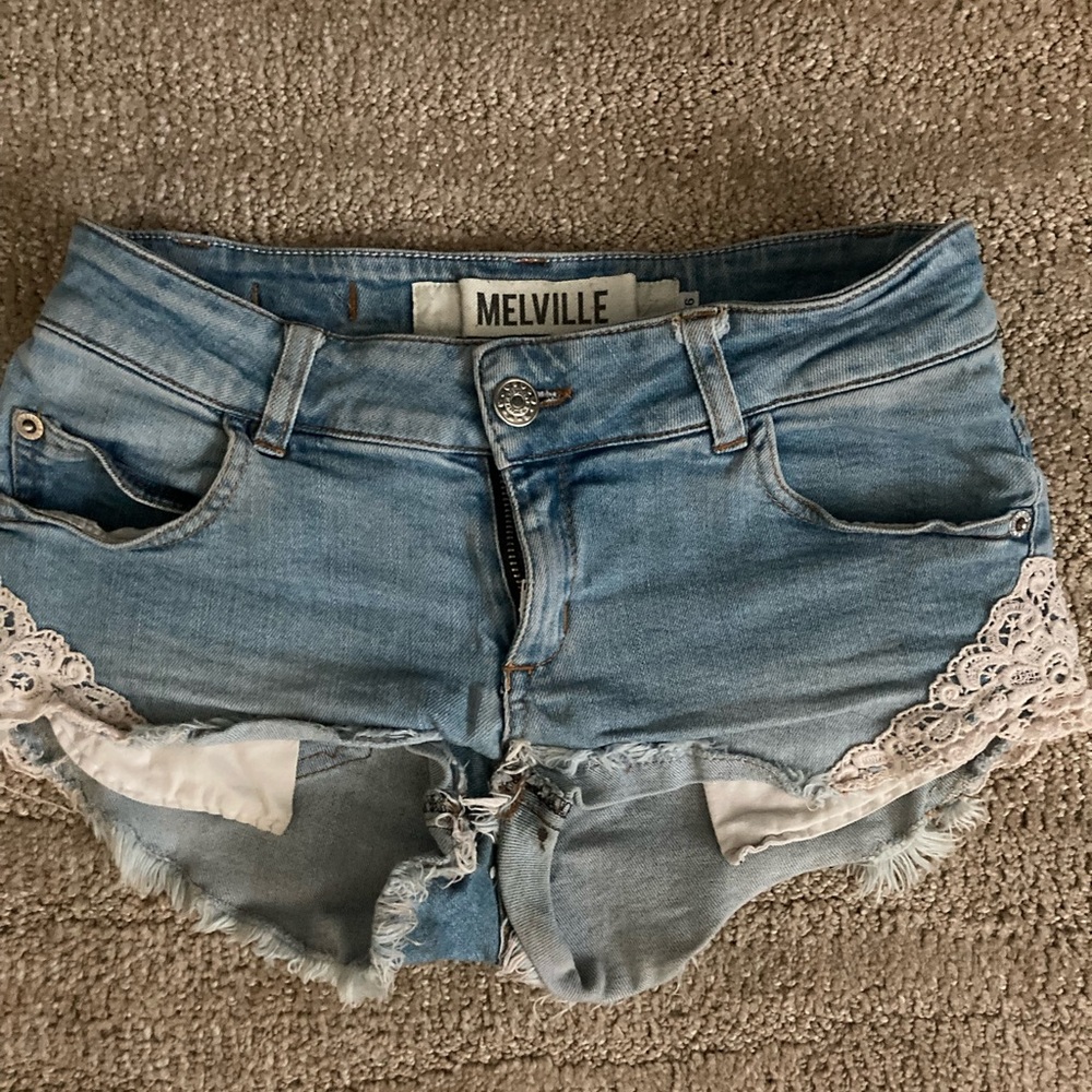 Brandy Melville Blue Denim Short Shorts with Lace Detailing